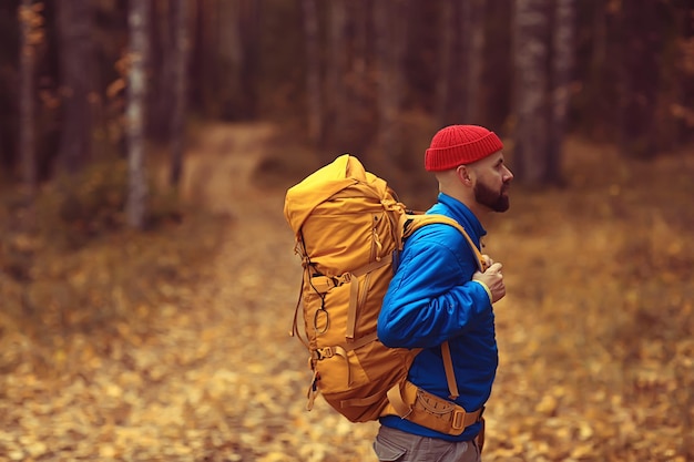 outono acampando na floresta, um viajante masculino está andando pela floresta, paisagem de folhas amarelas em outubro.