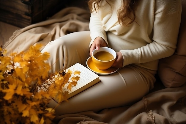 Outono aconchegante em casa uma mulher com chá e um livro descansando Um estilo de vida aconchegante Partes do corpo na composição
