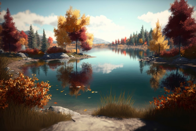 Outono ao redor do lago 3d ultra realista hd 8k foto de publicidade