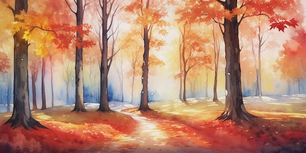 Outono Aquarela Arte Digital Caminho Místico na Floresta Multicolor