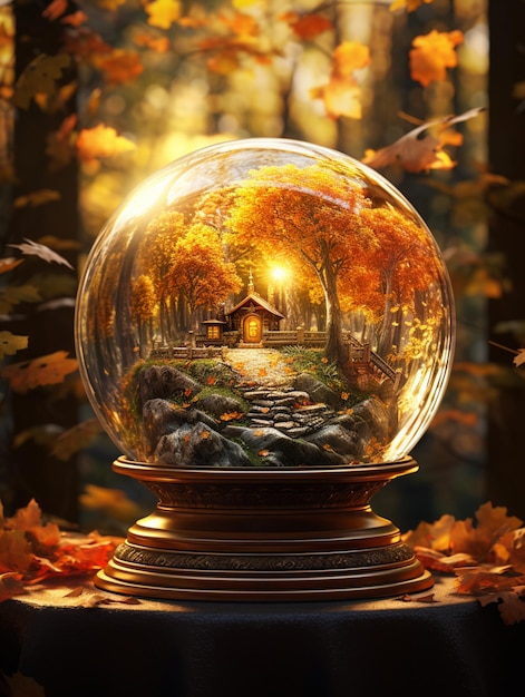 Outono cai em uma bola de cristal floresta folhas de laranja folha outubro novembro setembro vibra estética