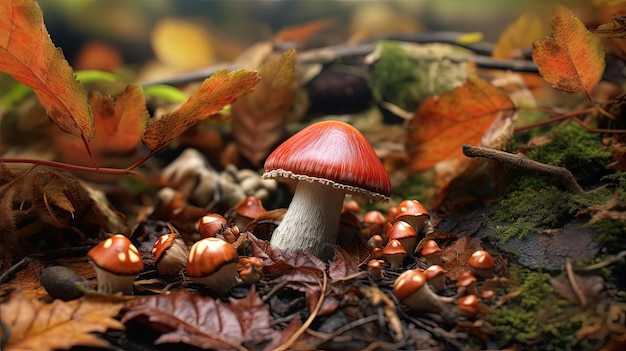 Outono, close-up de um cacho de bolotas aninhadas entre as folhas vibrantes no chão da floresta Criado com IA
