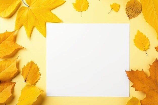 Outono deixa em uma mesa amarela uma folha branca de papel com um lugar para texto