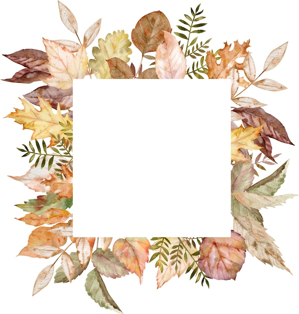 Outono em aquarela deixa moldura quadrada. Modelo botânico de outono. Cartão de convite do dia de Ação de Graças com folhagem da floresta