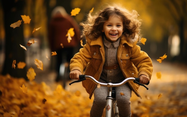 Outono em movimento Uma criança em uma bicicleta encontra belos dias de outono