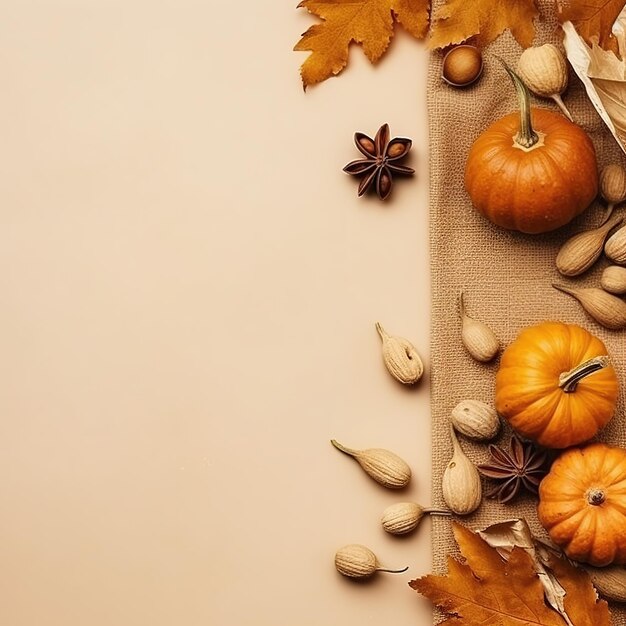 Outono festivo e decoração feliz de Ação de Graças de bagas de abóboras e folhas geradas por Ai