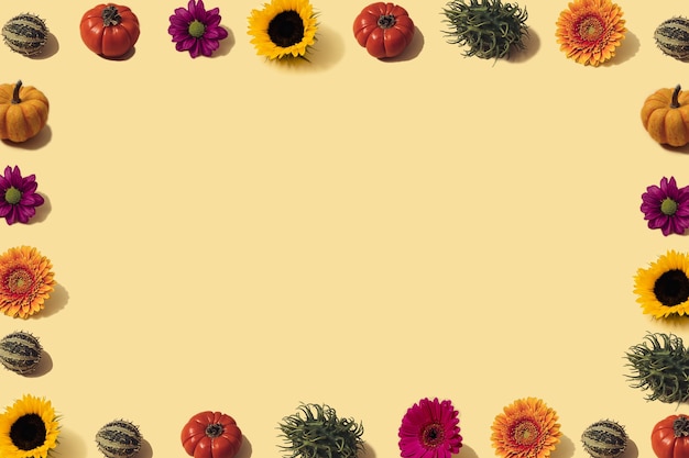 Outono fundo amarelo iluminado pelo sol com abóboras laranja, girassol e brilhantes flores sazonais. colheita plana leiga ou conceito de halloween. layout criativo de vegetais coloridos. copie o espaço.