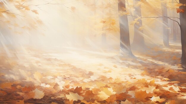 outono fundo desfocado manhã floresta em uma névoa ensolarada folhas amarelas de outono desenho pintura de camada