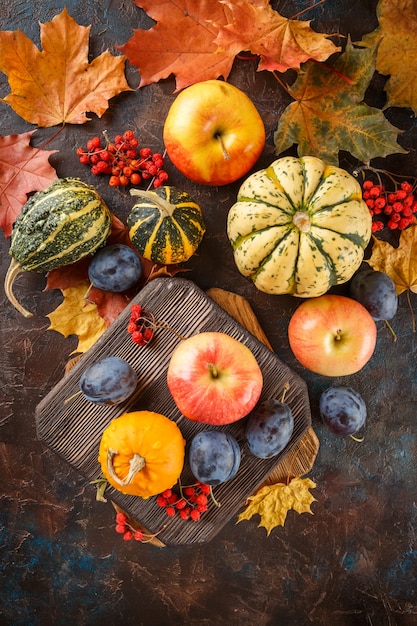 Outono natureza morta com vegetais e frutas. abóboras, maçãs, ameixas e folhas amarelas. Vista do topo