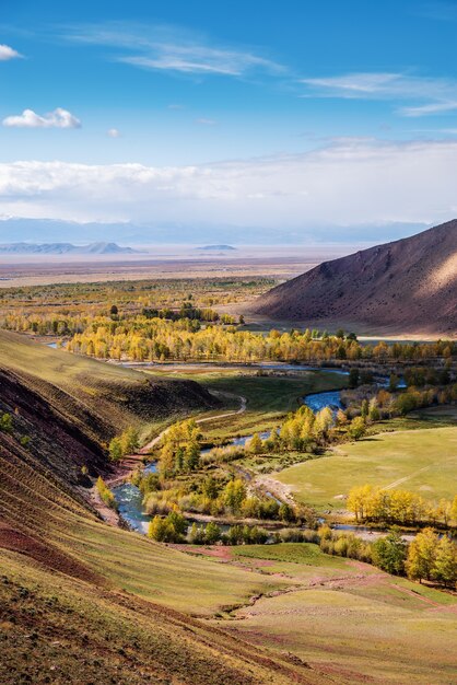 Outono no vale do Rio Kyzylshin, vista superior. Altai, Rússia