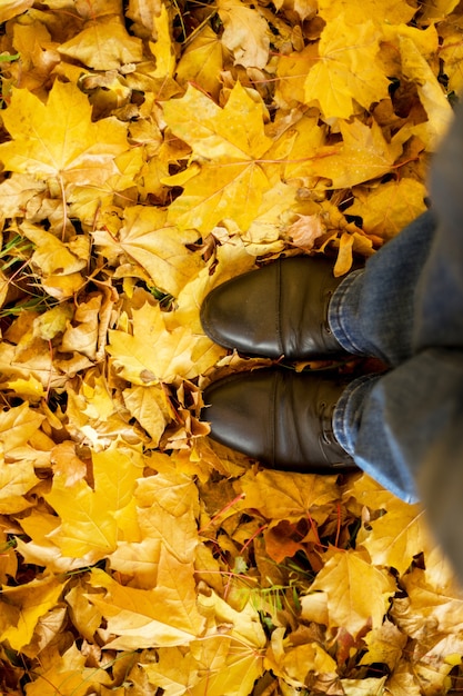 Outono, outono, folhas, pernas e sapatos. imagem conceitual de pernas em botas nas folhas de outono. sapatos de pés caminhando na natureza