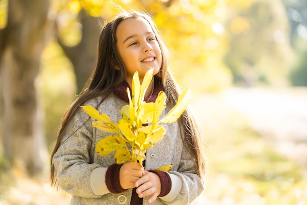 outono retrato ao ar livre de menina linda criança feliz andando no parque ou floresta.