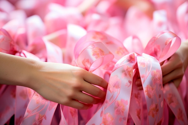 Foto outubro mulheres unidas com fitas cor-de-rosa simbolizando a importância da detecção precoce do câncer de mama mulheres unidas contra o câncer somos imparáveis