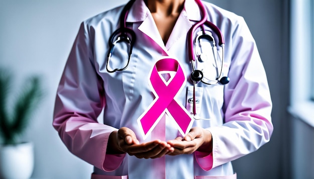 Foto outubro rosa mês de conscientização sobre câncer de mama médico com fita rosa no hospital para apoio