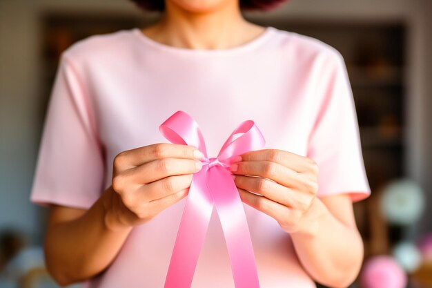 Foto outubro rosa mulher dedicada a tecer com amor uma fita rosa um símbolo de conscientização para a detecção precoce do câncer de mama juntos somos mais fortes nós venceremos o câncer de mama