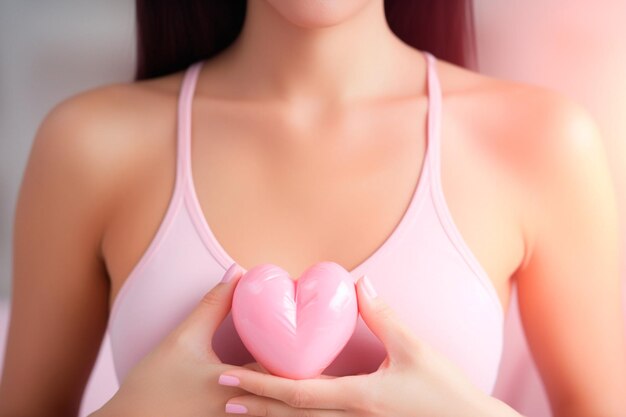 Foto outubro rosa mulher vestindo um top rosa e segurando um coração rosa em apoio à conscientização sobre o câncer de mama movimento internacional de conscientizações para a detecção precoce do câncer de mama gerado por ia