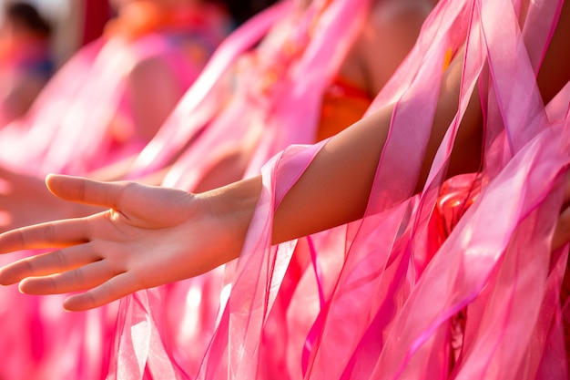 Outubro rosa Mulheres juntas com fitas rosas na conscientização sobre o câncer de mama Fitas rosas o emblema da esperança Juntos somos mais fortes Vamos vencer o cancro da mama