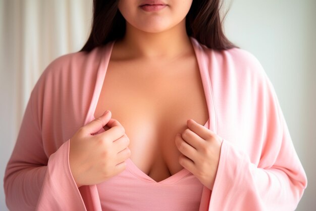 Foto outubro uma mulher com uma blusa rosa símbolos de força e consciência a imagem que representa a união na luta contra o câncer de mama gerada pela ia