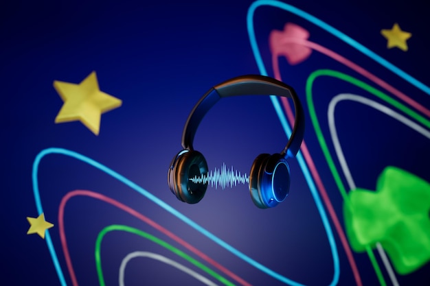 Ouvir música em fones de ouvido e uma faixa de música em uma renderização 3D de fundo abstrato