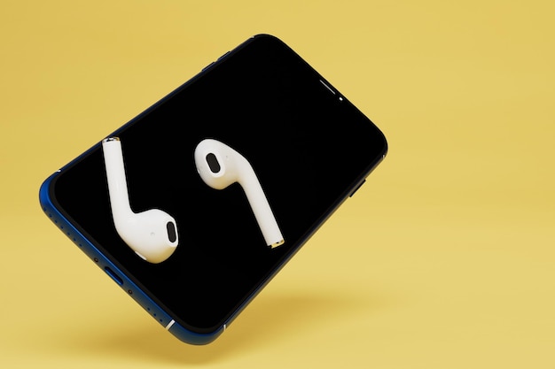 Ouvir música em fones de ouvido smartphone e fones de ouvido sem fio em uma renderização 3D de fundo amarelo