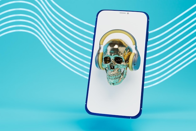 Ouvir música em seu telefone com fones de ouvido um crânio humano em fones de ouvido na tela do telefone