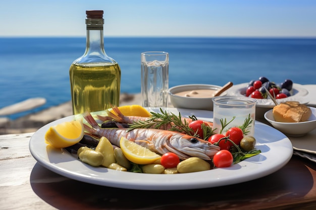 Ouzo griego tradicional servido con meze