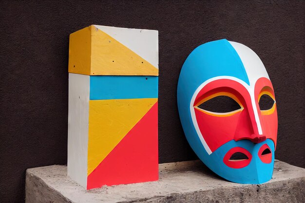 Foto ovale farbige avantgarde-tiki-maske neben würfel auf dunklem hintergrund