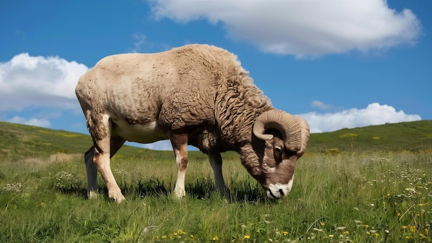 Una oveja adulta de cuernos grandes y lanudos en un campo