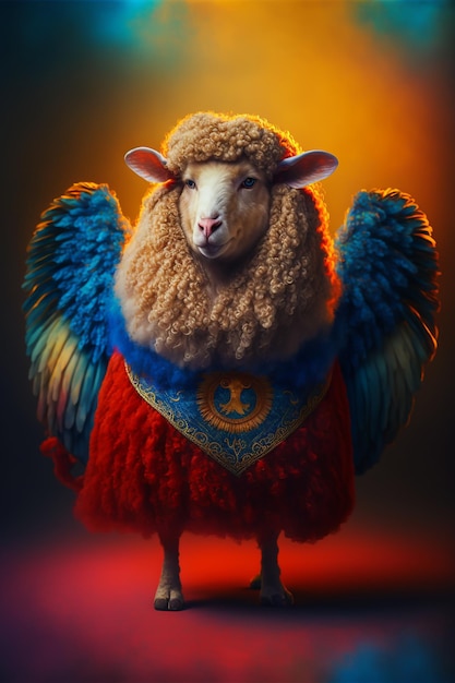 Una oveja con alas y un top rojo con un fondo amarillo