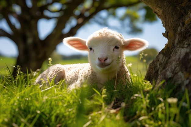 una oveja bebé acostada en la hierba