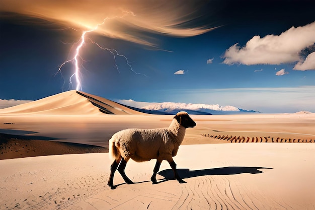 Una oveja camina por el desierto con un rayo de fondo.