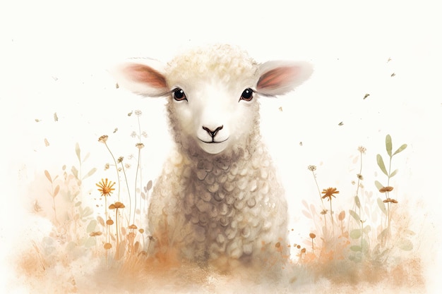 Una oveja de cara blanca y ojos negros está en un campo de flores.