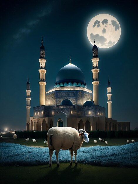una oveja contra el fondo de la mezquita y la luna