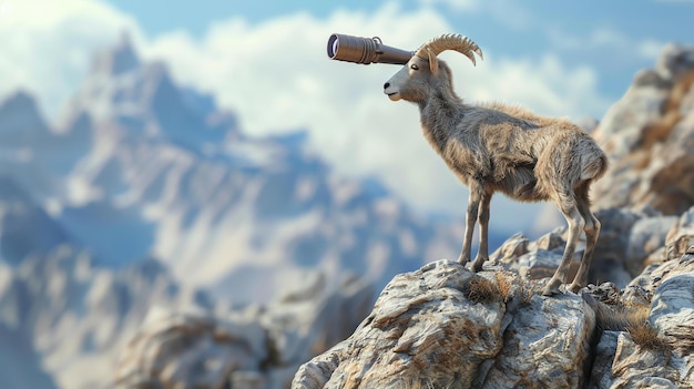 Foto una oveja de cuerno grande se encuentra en la cima de una montaña rocosa mirando a través de un telescopio en la distancia se puede ver un hermoso paisaje de montaña