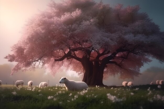 Una oveja debajo de un árbol con un árbol rosa al fondo.