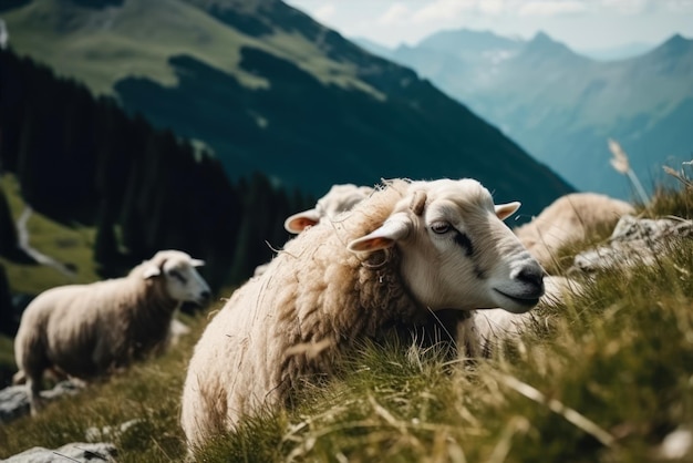 Una oveja está tirada en la hierba y las montañas están al fondo.