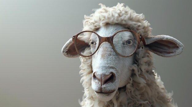 Una oveja con gafas de borde de cuerno está mirando a la cámara con una expresión curiosa La oveja está de pie en un campo de hierba verde y flores