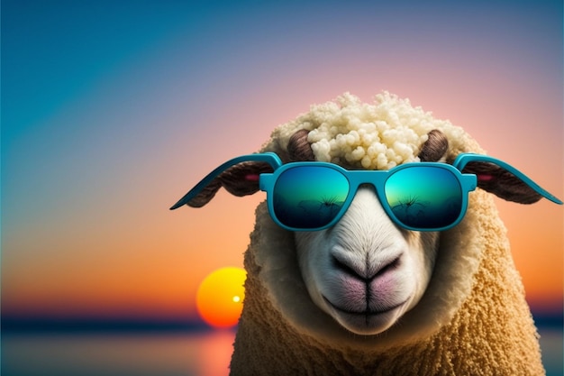 Una oveja con gafas de sol y gafas de sol azules.