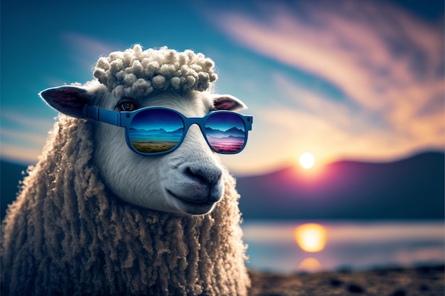 Una oveja con gafas de sol y una puesta de sol al fondo.