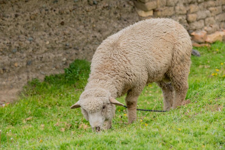 Una oveja linda pastando hierba verde cerca de una casa vieja Animales domésticos de la granja