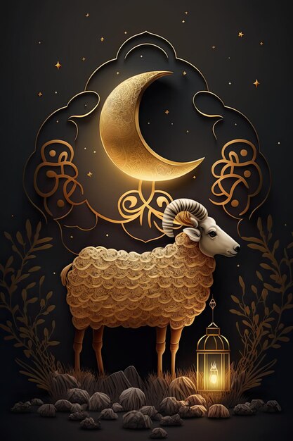 Una oveja y una luna con marco dorado.