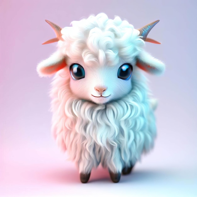 Una oveja con una melena larga y rizada y ojos azules está parada sobre un fondo rosa.
