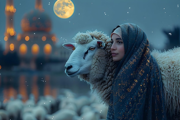 Una oveja con una mezquita para el eid mubarak Eid al Adha diseño de estandarte o cartel