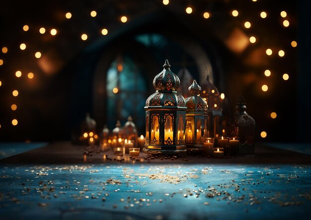 una oveja de pie frente a una gran mezquita linterna árabe ornamental con una vela ardiente brillando