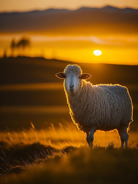 Una oveja con una puesta de sol de poca luz detrás de ella