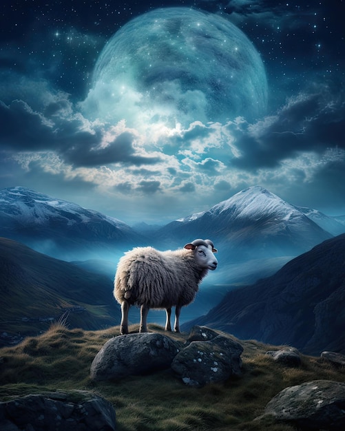 una oveja en las rocas en un hermoso cielo