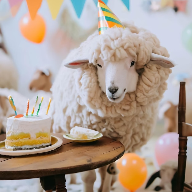 Una oveja con un sombrero de cumpleaños está de pie junto a un pastel con un trozo de pastel.