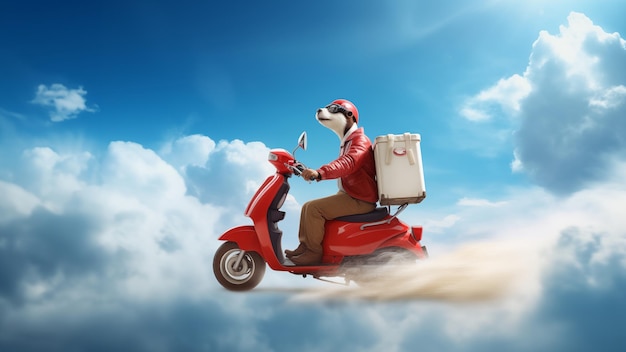Una oveja soñadora montando un scooter por encima de las nubes concepto de entrega ilustración de alta calidad