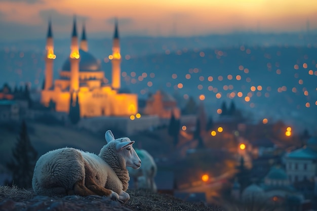 Una oveja con vistas a una ciudad iluminada al anochecer con una mezquita en el fondo