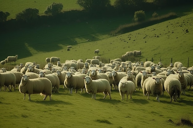 Ovejas en un campo con una cerca al fondo